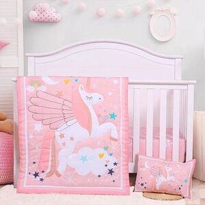 Jisen Pink Unicorn 3-Piece Crib Bedding Set: Quilt, Fitted Sheet, Pillowcase